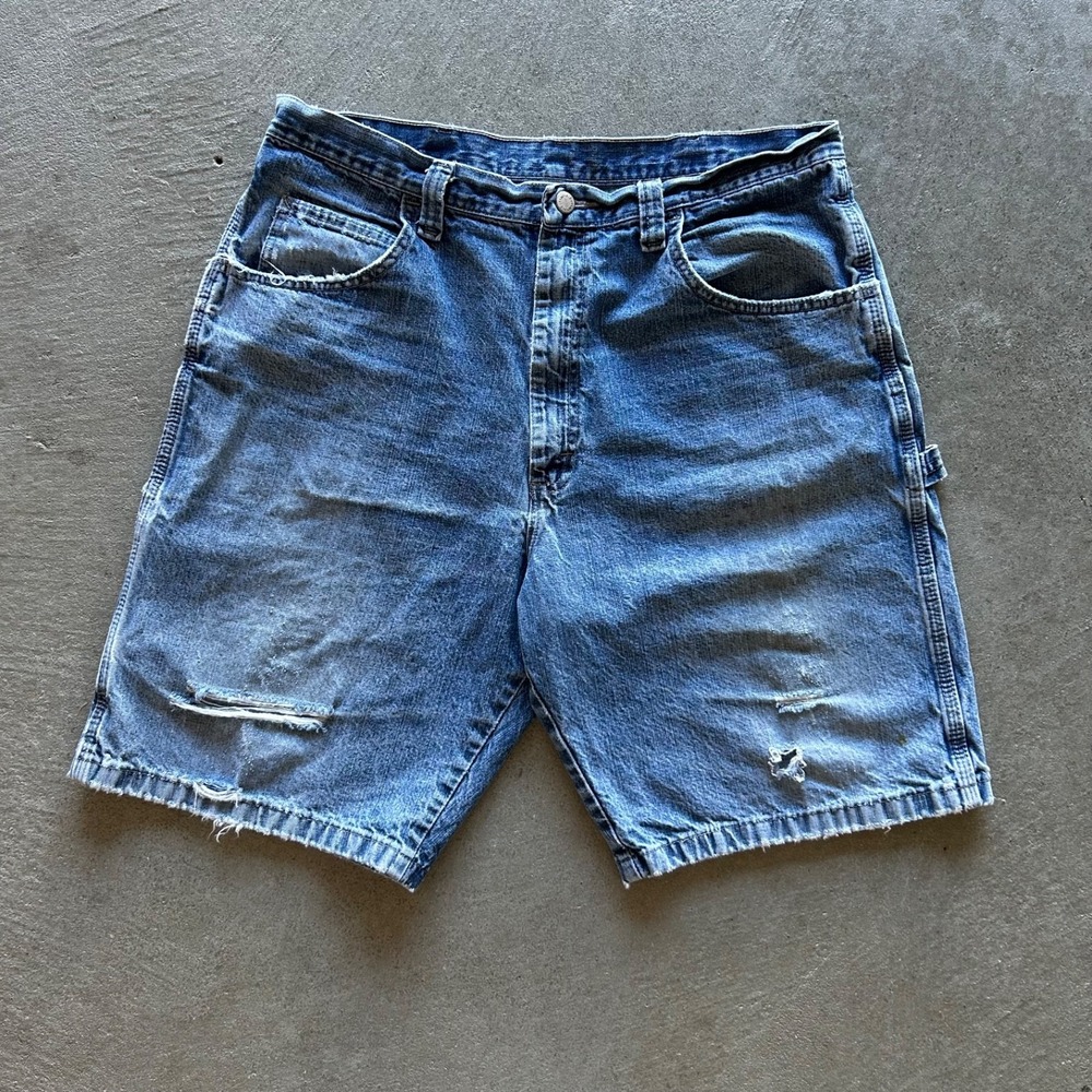Vintage Wrangler Carpenter Jean Shorts Size 36 Blue Denim Distressed Jorts